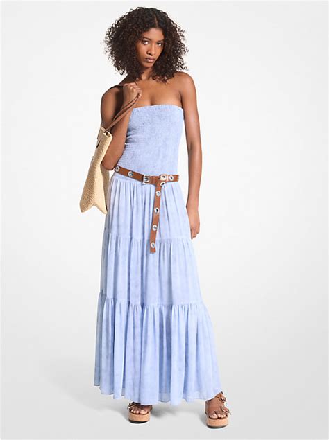 Chambray Print Smocked Georgette Maxi Dress 